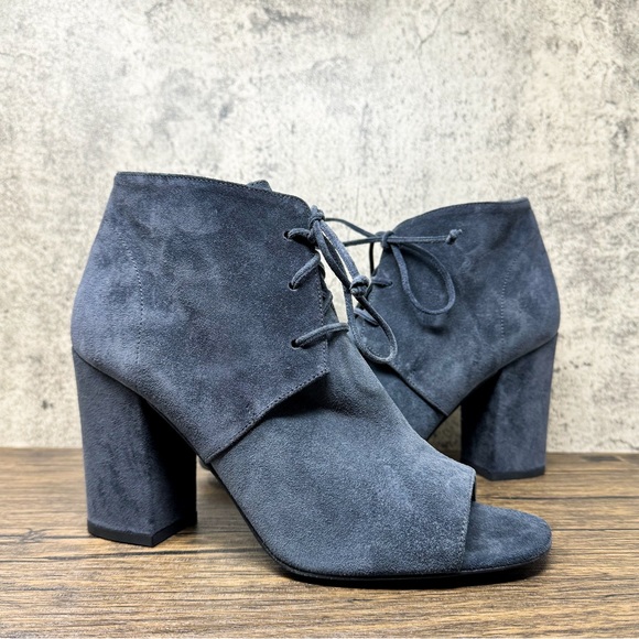 Delman suede gray-blue open toe booties, leather Anita heeled boots, size 9.5 - Picture 3 of 11